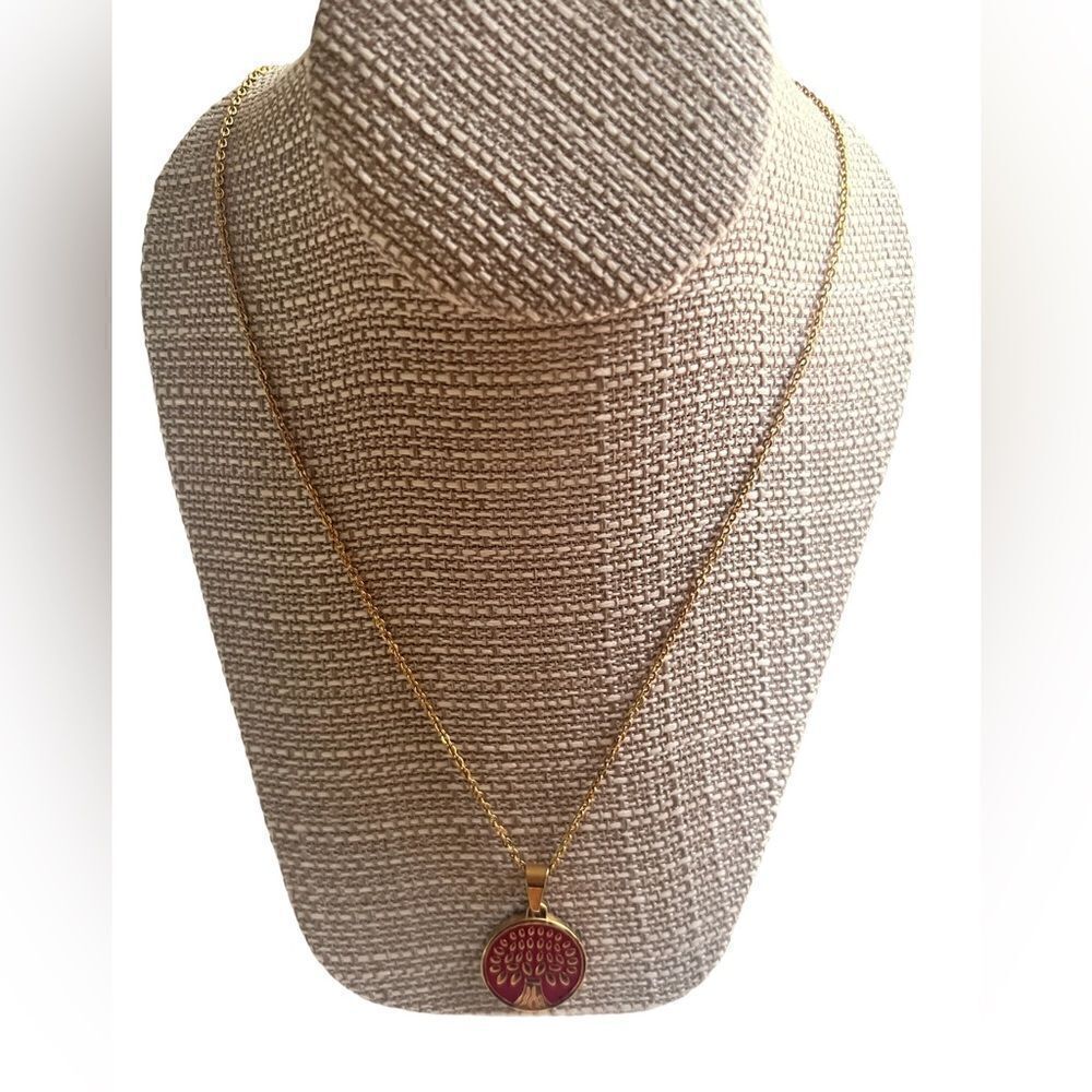 Gold Tone Stainless Steel  Tree of Life Red Pendant 20 inch necklace